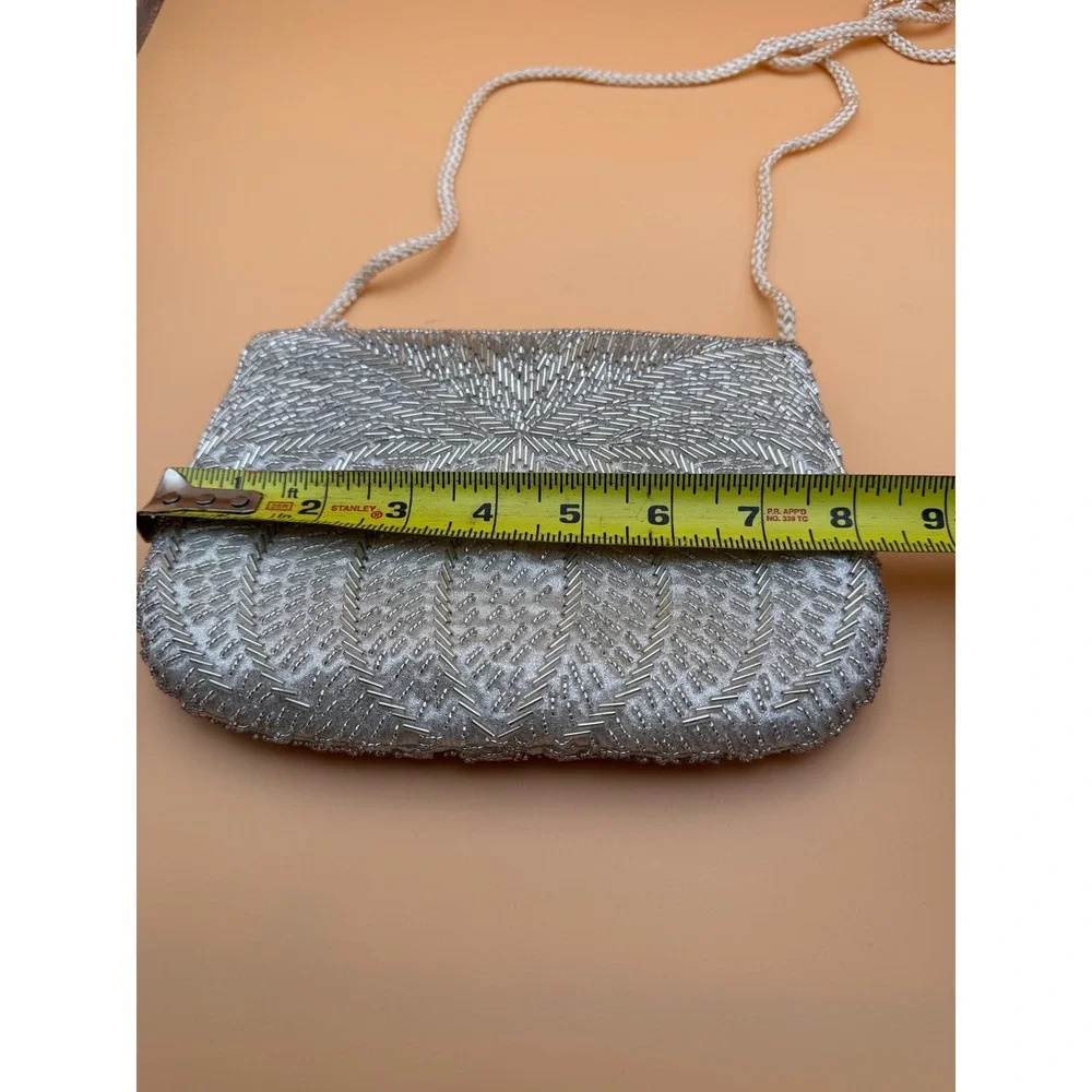 Vintage 1984 Gallery Originals Silver Beaded Evening Bag Crossbody  Clutch